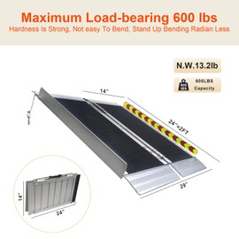 2FT Compact Accessibility Ramp,Wheelchairs Ramp Multi-Purpose Ramp for Small Wheeled Vehicles Bicycles, Shopping Carts, Picnic Carts | 300kg /660LBS Weight Capacity, Non-Slip, Portable, Foldable