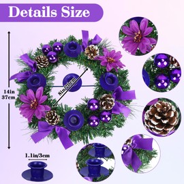 HO2NLE 14 Inch Advent Wreath 5 Candle Holder Christmas Purple Wreaths with Pine Cones Poinsettias Christmas Countdown Decor for Advent Church Xmas Candles Centerpiece Table