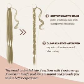 BARSDAR 26 Inch Long Braided Ponytail Extension with Hair Tie Straight Wrap Around Hair Extensions Pony Tail DIY Natural Soft Synthetic Hairpiece for Women -Light Ash Brown & Bleach Blonde