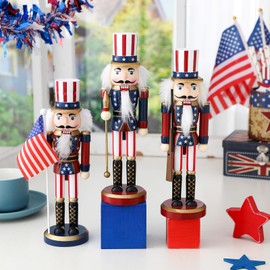 Briwooody 3 Pcs Patriotic Nutcracker Figurines 10" Wooden American Nutcracker Soldier with Cane Flag 4th of July Red White and Blue Tabletop Ornaments for Independence Day Table Decoration Gifts