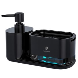 Automatic Dishwasher Soap Dispenser Set, Satisfying Squeeze Double Soap Pump, Premium Sponge Tray, Kitchen Sink Organizer, Instant Refill Soap Holder, 2 Minutes cleanup, Hand Pressed, Modern (Black)