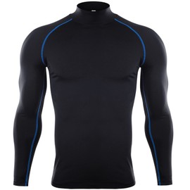 Men's High Elastic Compression Shirts Long Sleeves Sports Top for Athletic Workout Shirt Black and Blue Lines L