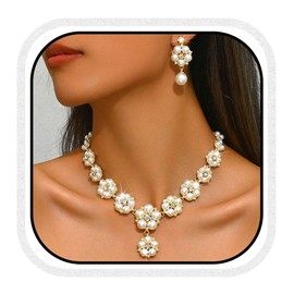 Aukmla Pearl Bridal Wedding Jewelry Set Sparkly Rhinestones Weddding Necklace Earrings Sets Prom Jewerly for Women, One Size, Metal, No Gemstone