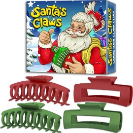 4 Hair Claws - Christmas Stocking Stuffers for Women. Santa's Claws Christmas Gifts Box for Girls, Teenagers, Her, White Elephent Gift Exchange. Large 4.3 Inch Hair Claw Clips (Red/Green)