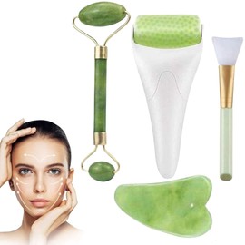 Moon & Back Juego de Belleza con Rodillo de Jade, Gua Sha, Rodillo de Hielo, Cepillo de Mascarilla Facial; Roller de Skincare para Masaje de Rostro, Ojos y Cuidado de la Piel Antiarrugas