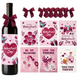 6 Stück Valentinstag Flaschenetikett mit 6 Stück Schleife, Weinflasche Deko Valentinstag Flaschenetiketten Selbstklebend Champagner Weinflaschen Aufkleber Party Dekorationen