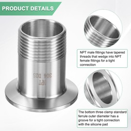 M METERXITY 1-Pack Tri Sanitary 1.5 in Clamp Fittings to 1 in NTP Male Thread Stainless Steel Pipe Fitting for Food/Beverage/Home Brew Adapter Connector, Ferrule OD 50.5mm