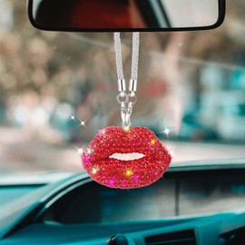Bling Red Lip Diamond Car Accessories for Women, Crystal Car Rear View Mirror Charms Car Decor Valentine's Day Gifts Lucky Hanging Interior Ornament Pendant (Red)