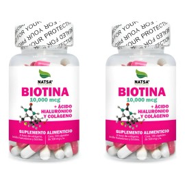 Natsa - Biotina 10,000 Mcg Con Acido Hialuronico y Colageno, 200 Cápsulas, Cabello, Piel y Uñas, para Hombres y Mujeres, Calidad Premium...