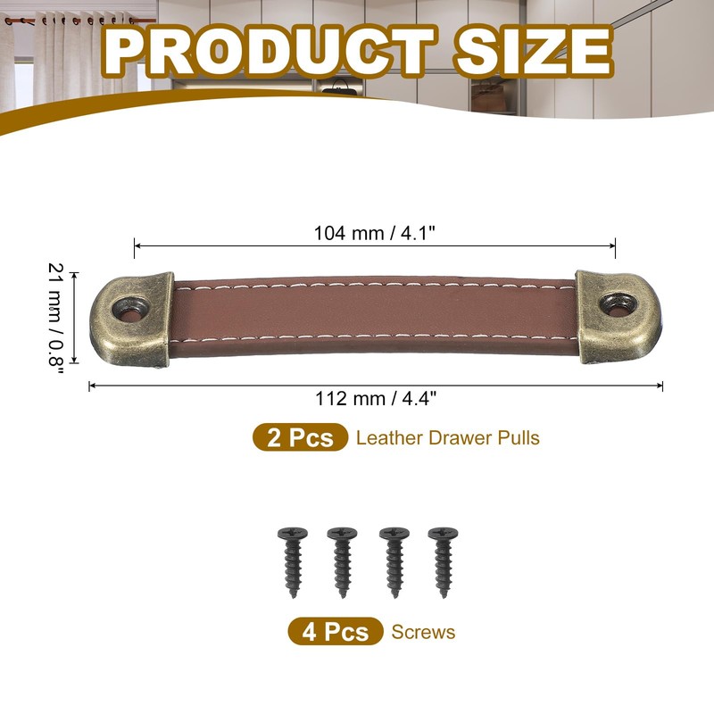 PATIKIL 4.4" Leather Drawer Pulls with Iron Sheet, 2 Pcs
