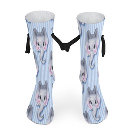 1 Pair Soft Socks Black Holding Hands, Compression Knee High Stockings Long Athletic Circulation 16x3.9 in Print Cartoon Grey Elephant Heads Seamless On Blue Stripes