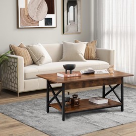 IFANNY Coffee Table, 44" Rectangle Cocktail Table with Storage Shelf, Industrial Accent Table with Metal Frame & Adjustable Foot Pads, Wood Center Table for Living Room, Home Office (Rustic Brown)