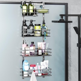 Orimade Shower Caddy Adjustable Height 4 Tier Silver,Bathroom Hanging Over the Door Organizer Shelf Rustproof with 4 Hooks,Shower Basket with Soap Holder and Suction Cup