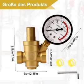 Pressure Regulator Water 1/2 Inch DN15 with Pressure Gauge, Brass Water Pressure Regulator, Water Pressure Regulator, Water Pressure Valve for Regulating Water Pressure