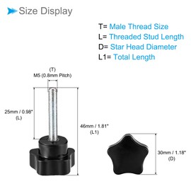 CoCud M5 x 25mm Male Thread 30mm Header Plastic Thumb Screw Grip Hand Knob Screw Bolt Black Stark Clamp Knob for Lathe Machine 4pcs