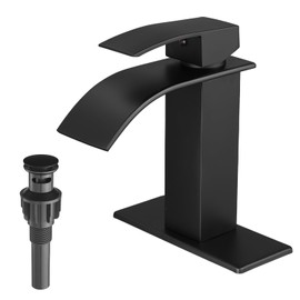 VOTON Black Bathroom Faucets Modern Waterfall Bathroom Sink Faucet Matte Black Single Handle Bathroom Faucet for 1 or 3 Holes with Deck Plate and Pop-Up Drain, Rv Sink Camper Farmhouse Bathroom Faucet