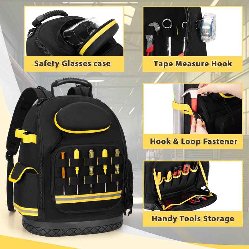 Trahzia Tool Backpack with Hard Bottom and 3 Pouches, Heavy