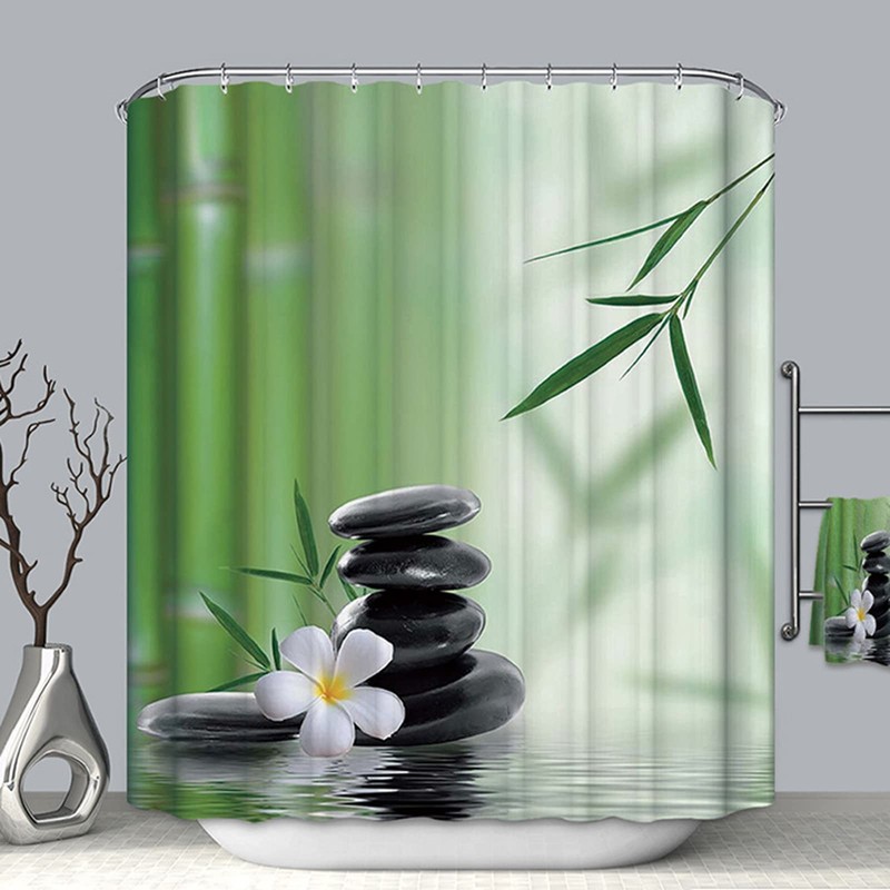 Aeici Shower Curtain 90x180cm Shower Curtain Washable Bamboo Green Pebble