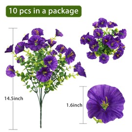 SJL Artificial Faux Outdoor Flowers Spring Summer Decoration 10 Bundles Fake Plastic Plants Artificial Morning Glory UV Resistant Flowers for Outside Front Porch Garden Backyard Decor(Purple)