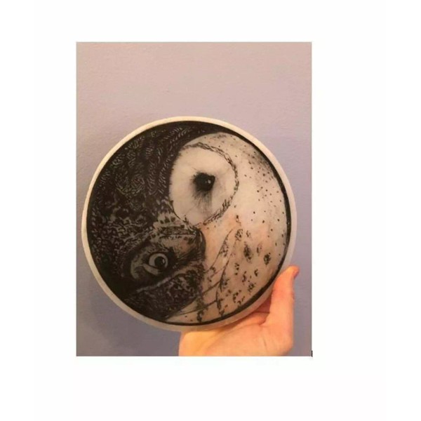 6" Owl Yin Yang etched selenite charging station, slab, plate,