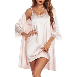 Ekouaer Sleepwear Women's Satin Nightgown with Robes Set 2 Piece Sexy Lace Cami Nightwear Champagne XXL