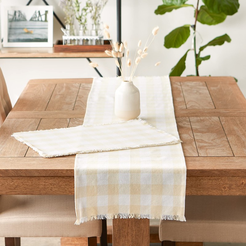 DII Heavyweight Fringed Check Tabletop Collection, Table Runner, 14x108, Natural