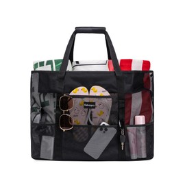 KABAQOO Large Beach Bag with Zip Mesh Beach Bags for Women Men Family with Pockets and Sandproof Bottom Travel Tote for Summer Holiday Pool Grocery Shopping, Large Black