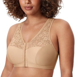 DELIMIRA Women's Front Closure Bras Racerback No Underwire Plus Size Full Coverage Lace Cotton Bra Warm Beige 40DD