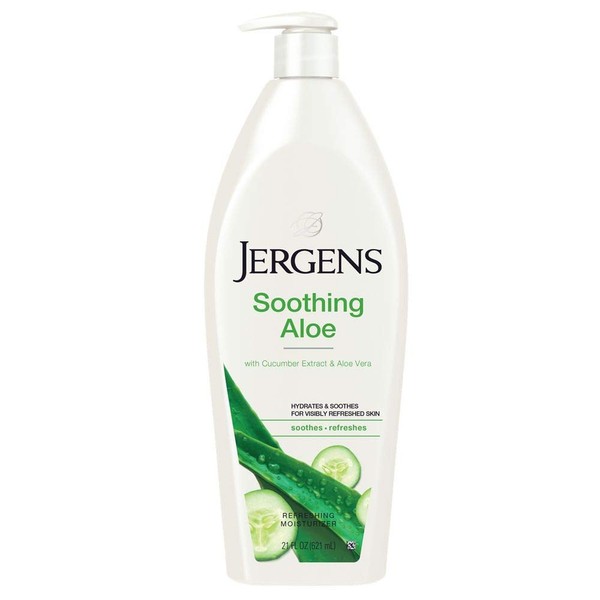 Jergens Soothing Aloe Refreshing Body Lotion, Aloe Vera Body and Hand Moisturizer, 21 Ounces, Illuminating Hydralucence Blend, with Cucumber Extract, Dermatologist Tested