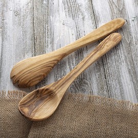 Forest Decor Olivewood Salad Server - 2 Pieces Wooden Utensil Set for Serving Salad - Wood Salad Spoon and Fork - Wooden Salad Tongs for Preparing, Tossing, and Serving Food - Wooden Kitchen Utensils