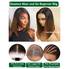 KLAIYI Ombre Brown Yaki Straight Bob Wig Human Hair Bye Bye Knots Glueless Wig Precut Lace Pre Bleached Pre Plucked 7x5 Lace Front Ready to Wear Put On Go Wig with Dark Roots Balayage Brown Wig 12Inch