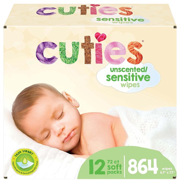 Cuties Baby Wipes | Unscented & Hypoallergenic | 12 Soft-Packs | 864 Total Wipes