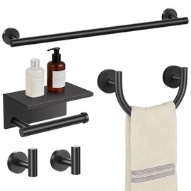 TURS 5-Pieces Matte Black Bathroom Hardware Accessories Set SUS304 Stainless Steel Towel Bar Set 23.6inch Wall Mounted Toilet Paper Holder with Shelf