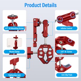 SIRUI Alien Series Magic Arm with Super Clamp Crab, Crab Shaped Clamp Tripod Camera with 1/4 Inch 3/8 Inch 16 Holes for GoPro Camera LED Video Light Articulated Arm Monitor, Red (MA-GR)