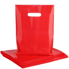 POPGIFTU Red Plastic Bags with Die-Cut Handles 100 Pack - 9x12 Inches, 1.75 Mil Thick Glossy Red Retail Shopping Bags Bulk for Gift Wrapping, Party Favors, Birthday, Small Business & Store