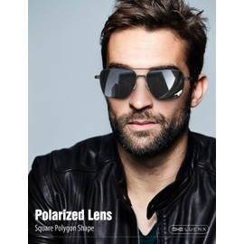 LUENX Mens Women Polarized Sunglasses Aviator, Square Polygon Black Lens Black Metal Frame Driving UV 400 Protection With Accessories 58mm