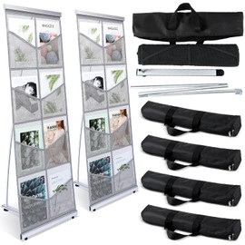 Outus 2 Pcs Mesh Literature Brochure Holder with 8 Pocket Portable Magazine Display Roll up Magazine Rack Lightweight Floor Standing Catalog Office Brochure Display Stand for Business Trade Shows