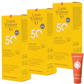 Louis Widmer Sun Gel 50, 3x 100 ml I leichte, fettfreie Gel-Creme I wasserfest I für überempfindliche, zu Sonnenallergie neigende Haut I hoher UV-Schutz I Spar-Set plus Pharma Perle give-away