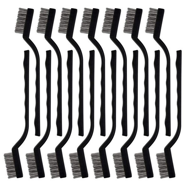 Topbuti 15 Pcs Mini Stainless Steel Wire Brush Set for Cleaning Welding Slag Rust, Wire Bristle Scratch Brush Set, Curved Handle Brushes