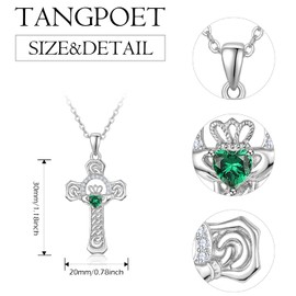 TANGPOET Claddagh Kette Damen Sterling Silber Kette Claddagh Kreuz Halskette Celtic Knot Anhänger Claddagh Schmuck Geschenke für Damen Mädchen