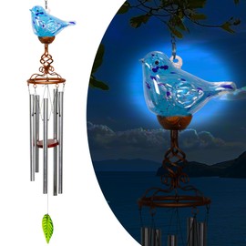 Naboher Wind Chimes, Solar Glass Bird Shape, LED, Outdoor Lawn and Patio Glass and Metal Decoration, 7 x 4 x 44 inches (Light Blue)