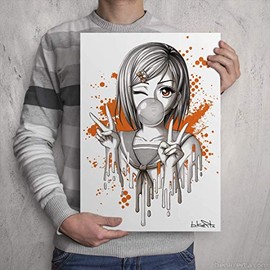 BUBBLEGUM ANIME GIRL PRINT- Candy Orange and Grey - Cute Character in Japanese School Uniform - Signed Manga Artwork Paper Poster