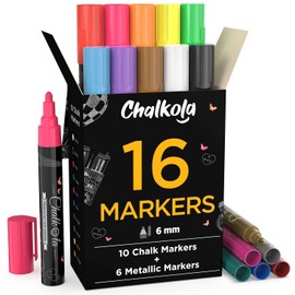 Chalkola Liquid Chalk Markers & Metallic Colors Pack of 16 Chalk Pens - For Chalkboard, Blackboards, Window, Glass, Bistro | 6mm Reversible Bullet & Chisel Tip Erasable Ink