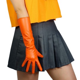DooWay Long Faux Leather Gloves for Women Opera Evening Orange 16 inches Elbow Length