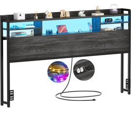 Aheaplus Headboard for King Size Bed with Storage, Headboards with LED Light, Power Outlets, USB Ports King Size Head Board, Wood headboard Only Sturdy and Stable Headboards, Modern, Black Oak