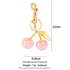 COOLANS 2 Set Cute Cherry Bag Charm,Apple Key Ring Clip Handbag Charm,Fruit Novelty Pendant,Purse Decor Keychain for Woman(Pink Cherry/Silver & Golden Key 2PCS)