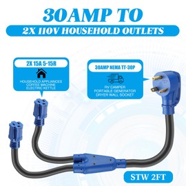 Kanayu 2FT RV Y Adapter Power Cord Compatible with NEMA TT-30P to 2X 5-15R, 30 Amp to (2) x 110V 15 Amp Household Outlet RV Power Splitter Cord, STW 10 Gauge for Household Appliances, ETL Listed