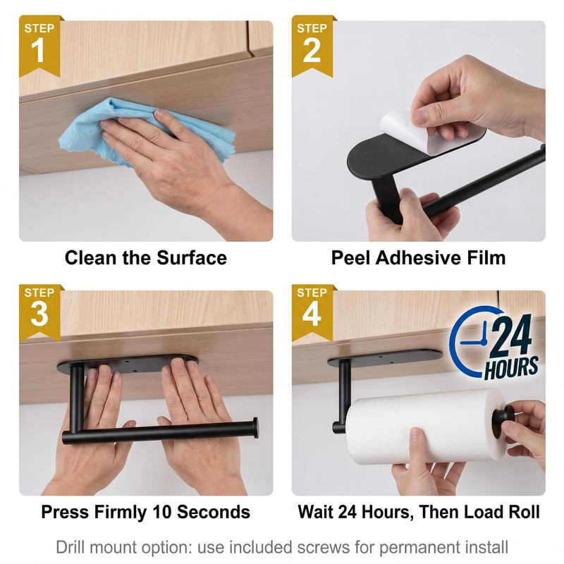 Paper Towel Holder Under Cabinet, Matte Black Stainless, No Drill