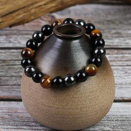 KOMUNJ Pack of 2 Obsidian Bracelets, Black Tourmaline Stone Bracelet, Triple Protection Hematite Bracelet, Tourmaline Stones, Natural Stone, Black Tourmaline Bracelet for Friends, Women, Husband,