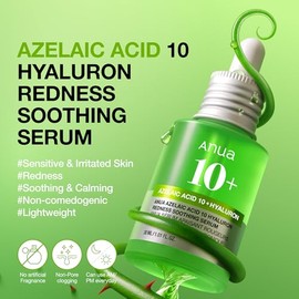 Anua Suero Facial de Ácido Azelaico 10% Hialurónico en Rojo Tranquilizante, Suero Facial para Piel Sensible y Problemática, Brotes, Ácido Hialurónico, Niacinamida, Cuidado de Manchas, Color Natural